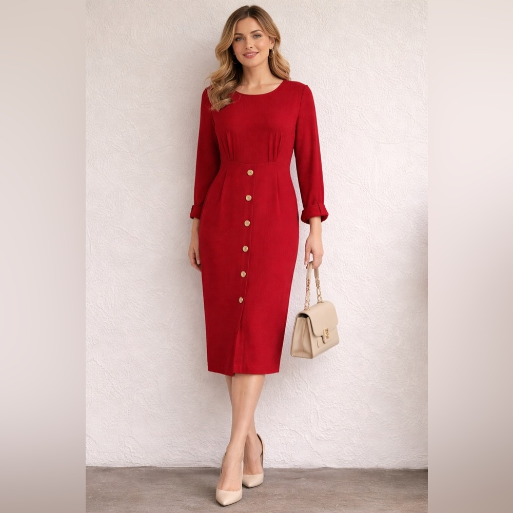 Vintage Jaeger Red Wool Coat Dress Gold Buttons Midi UK 8 US 6 Tailored